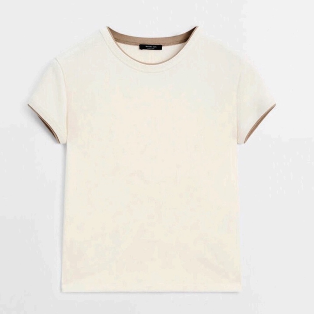Massimo Dutti Cream Short Sleeve Tee with Tan Trim
